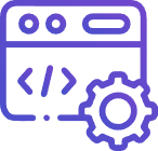 a purple and black icon with a gear and html code